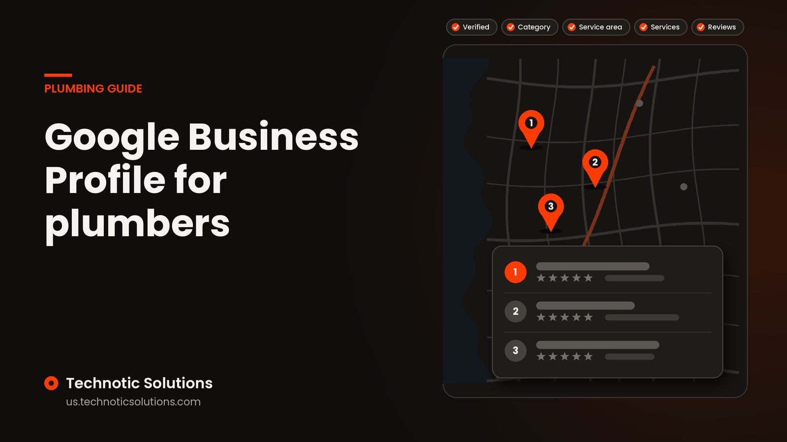 Illustration of a plumbing service-area map with three location pins and a business profile card