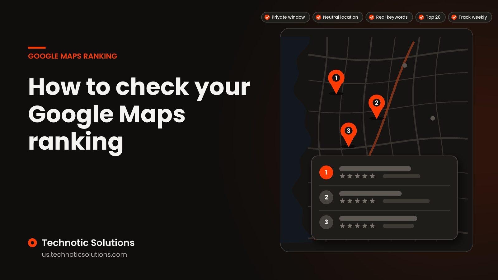 Illustration of a Google Maps style map with three numbered location pins and a ranked list of local listings